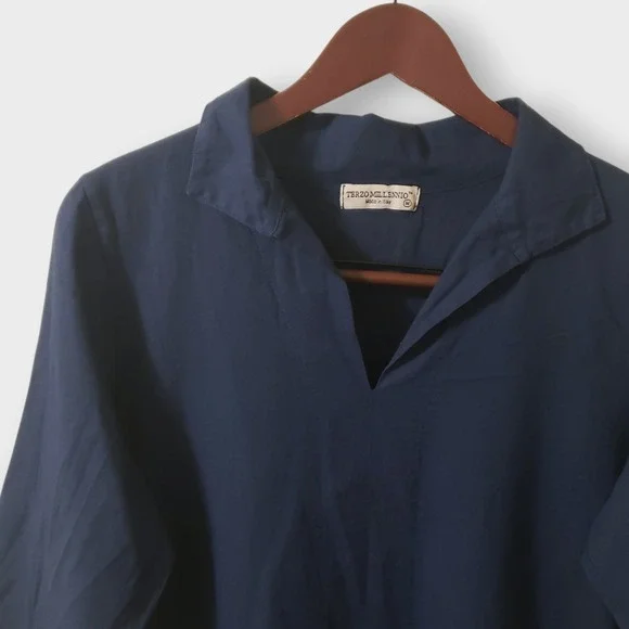 Terzo Millennio Navy Blue Linen Cotton Tunic Dress Made in Italy Medium Pockets - Picture 2 of 10